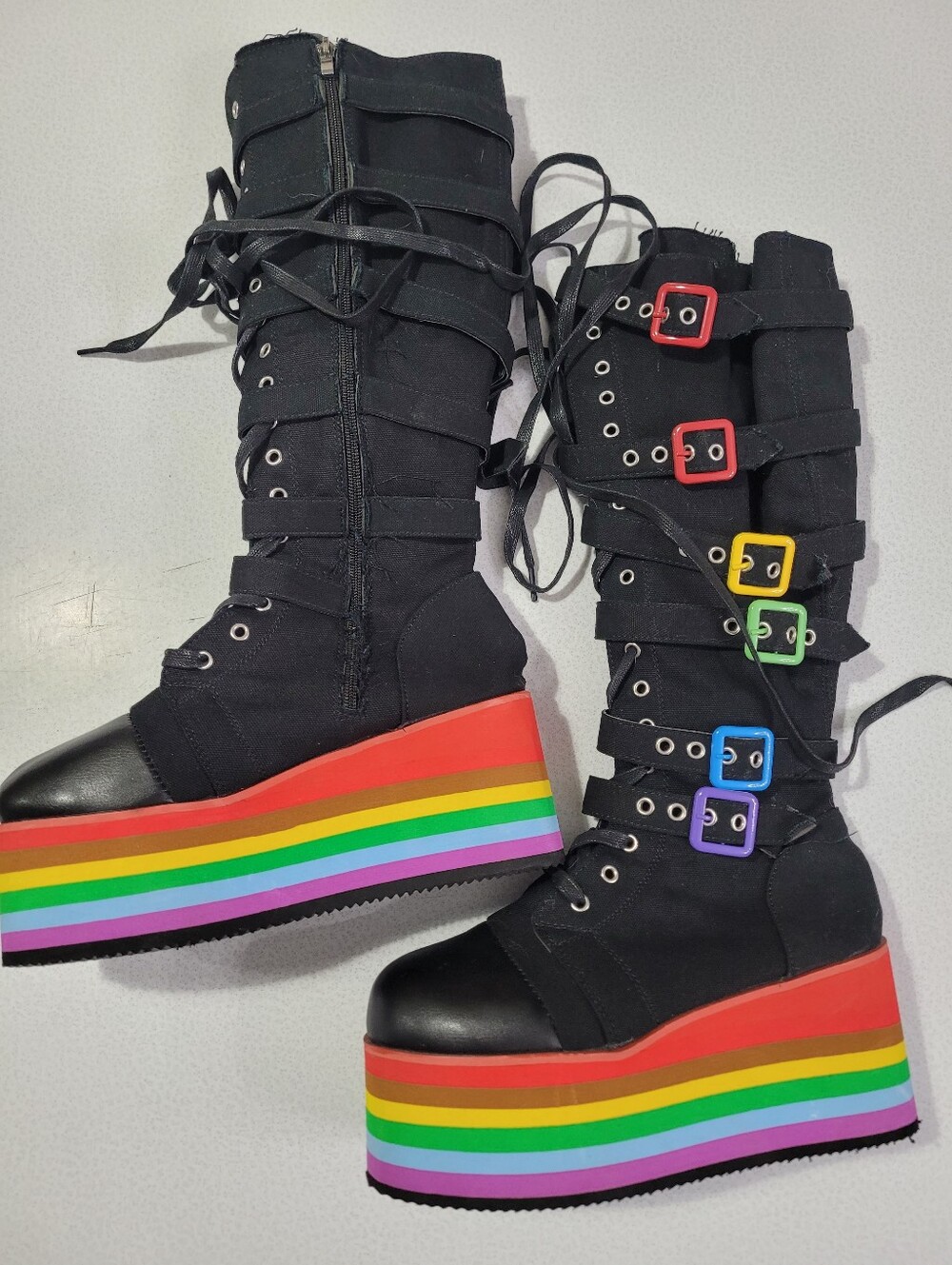 New Black rainbow Goth Moto Combat Boots Zip Punk Chunky Wedge boot 7.5 / 8